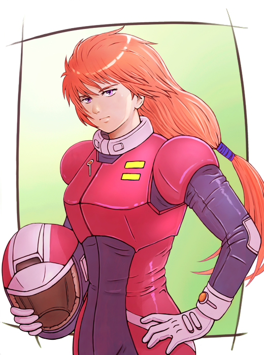 1girl, bodysuit, closed_mouth, commentary, female_focus, gloves, gundam, gundam_unicorn, helmet, long_hair, looking_at_viewer, marida_cruz, matrosso, pilot_suit, ponytail, purple_eyes, solo