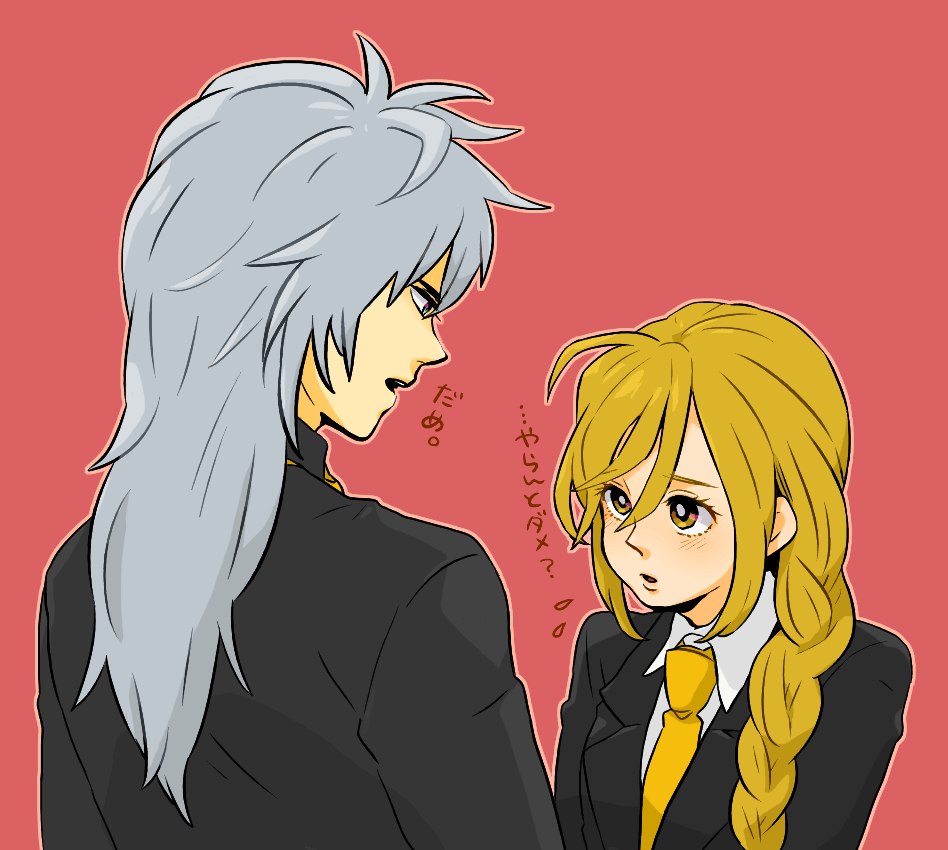 1boy, 1girl, blonde_hair, breasts, commentary_request, dramatica, eyeshield_21, formal_clothes