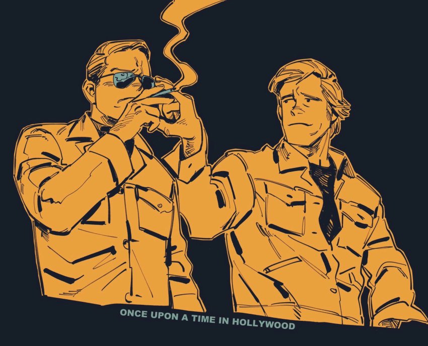 >:(, 2boys, adjusting_eyewear, arm_at_side, black_shirt, blue_theme, brad_pitt, breast_pocket