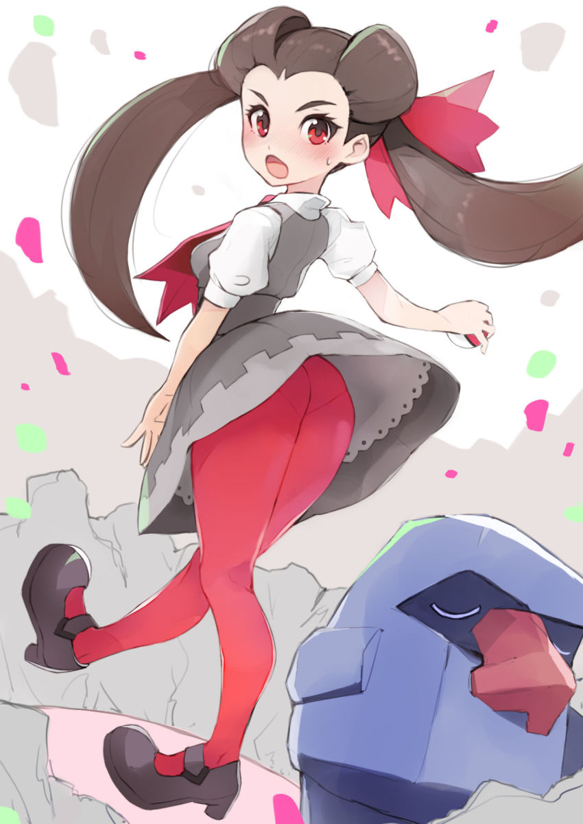 1girl, ass, bana_(stand_flower), black_footwear, blush, brown_hair, dress, gen_3_pokemon