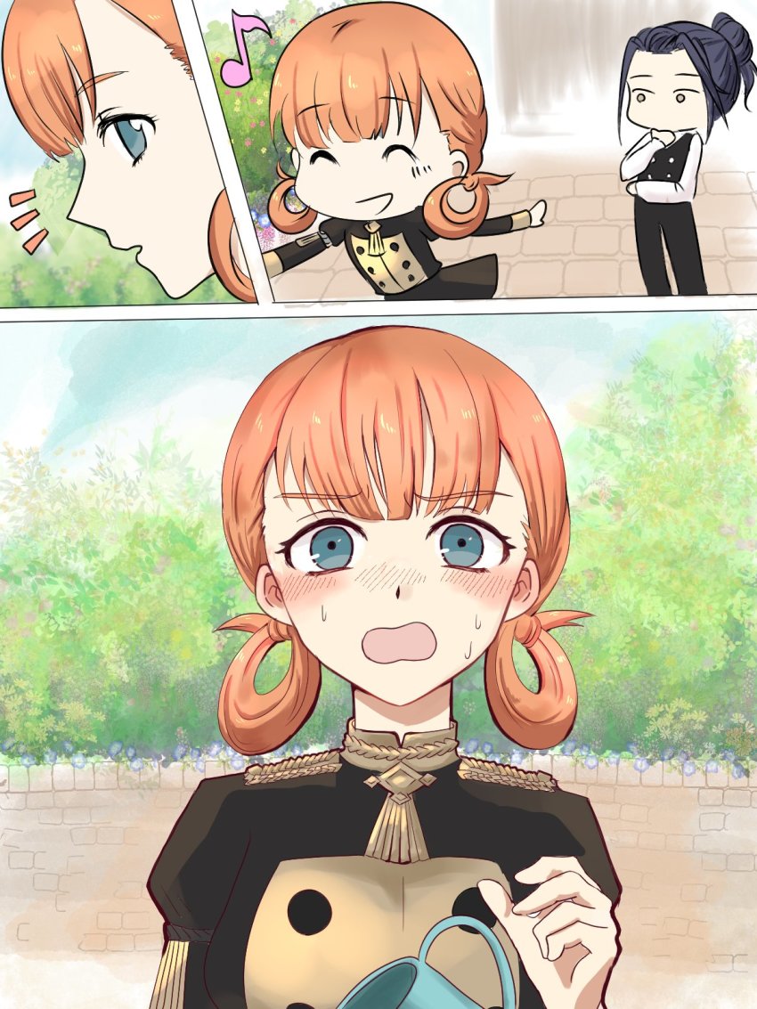 1boy, 1girl, annette_fantine_dominic, black_hair, blue_eyes, blush, closed_eyes, comic, embarrassed, felix_hugo_fraldarius, fire_emblem, fire_emblem:_three_houses, garreg_mach_monastery_uniform, highres, kura_(okura_eekura), long_sleeves, music, musical_note, nintendo, open_mouth, orange_hair, pants, short_hair, singing, twintails