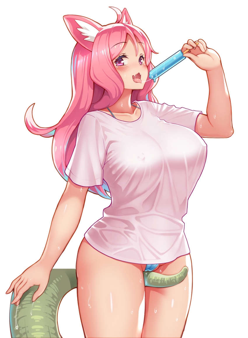 1girl, :3, ahoge, animal_ears, artistic_error, blush, breasts, cat_ears, collarbone, commentary_request, covered_erect_nipples, cowboy_shot, fangs, female_focus, food, hair_between_eyes, highres, holding, holding_food, kemurikusa, large_breasts, long_hair, looking_at_viewer, midori_(kemurikusa), open_mouth, pink_eyes, pink_hair, popsicle, reisen_balrog, ritsu_(kemurikusa), saliva, saliva_trail, shiny_skin, shirt, short_sleeves, simple_background, solo, standing, sweat, tentacles, tongue, tongue_out, white_background, white_shirt