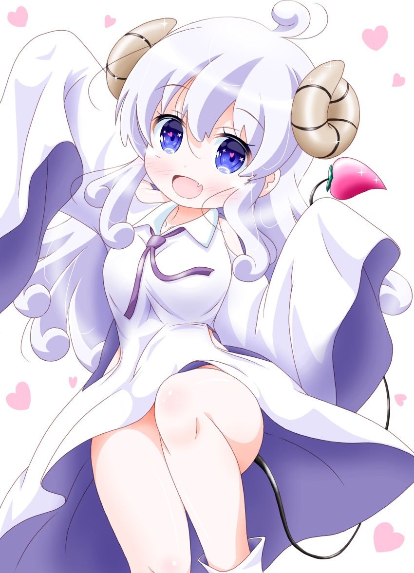 1girl, :d, ahoge, blue_eyes, blush, commentary_request, demon_horns, demon_tail