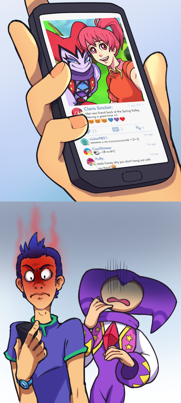 artist_request, cellphone, claris_sinclair, comic, elliot_edwards, highres, nights_(character), nights_into_dreams, phone, reala_(nights), smartphone, source_request, tagme