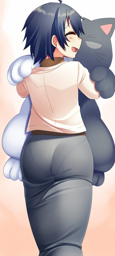 1boy, ahoge, ass, black_hair, black_skirt, blush, closed_eyes, from_behind