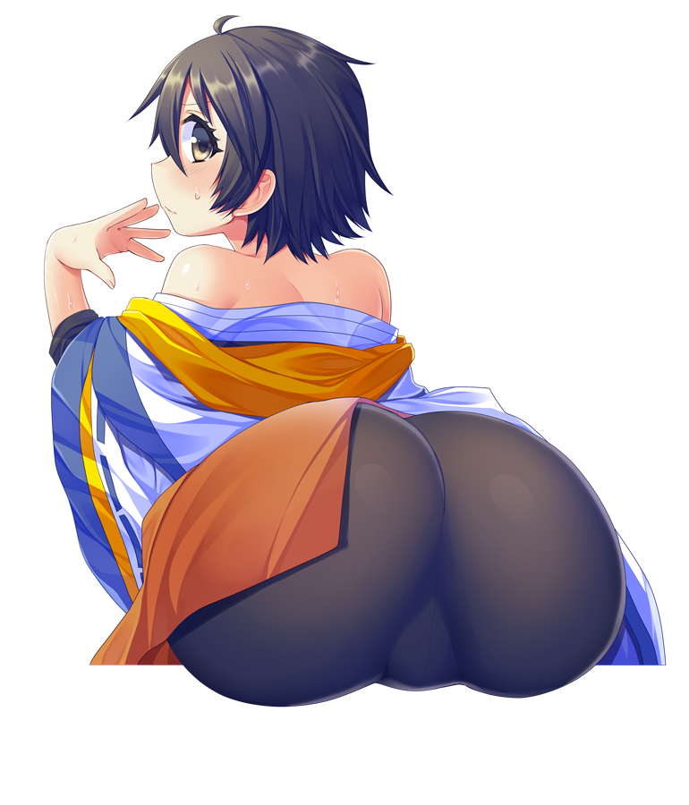 1boy, ass, bare_shoulders, blush, brown_eyes, brown_hair, bulge, detached_sleeves, embarrassed, from_behind, htkku, huge_ass, japanese_clothes, leggings, looking_at_viewer, looking_back, male_focus, sengoku_musou, shiny_skin, short_hair, sitting, solo, sweat, takenaka_hanbei_(sengoku_musou), trap