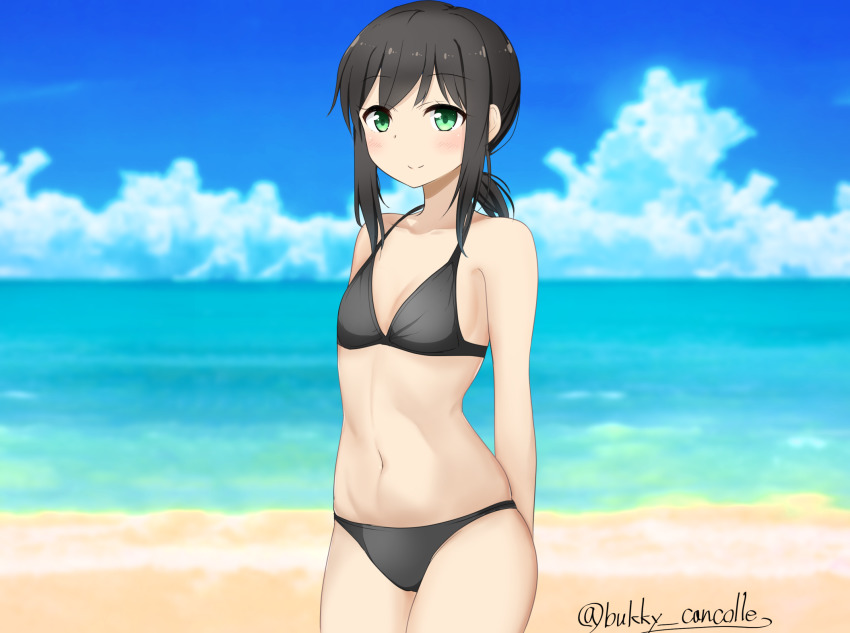 1girl, arms_behind_back, beach, bikini, black_bikini, black_hair, blue_sky, blurry