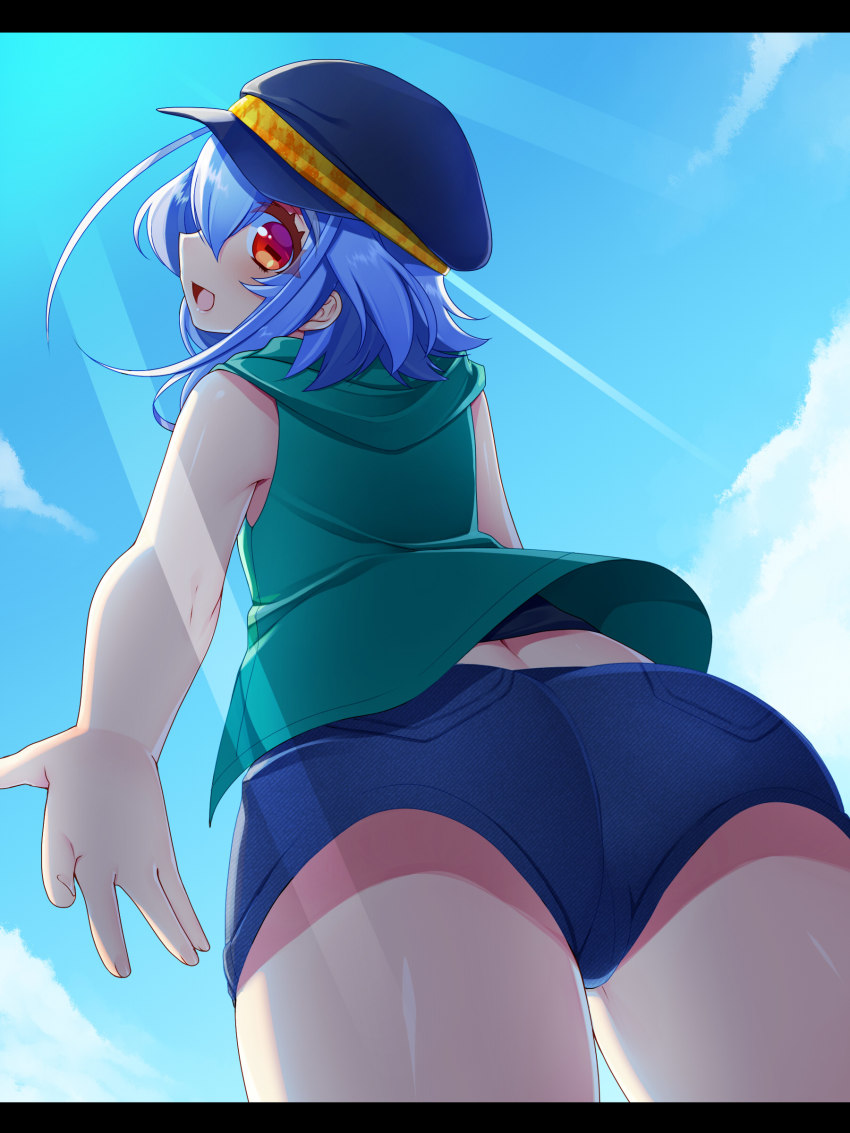1boy, absurdres, alternate_hairstyle, androgynous, antenna_hair, ass, bare_shoulders, blue_hair