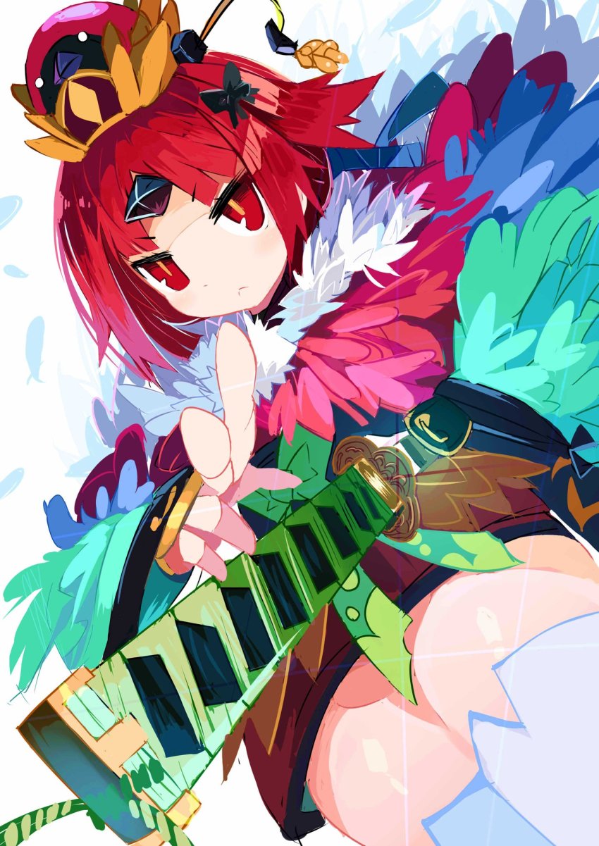 1girl, :<, beni-enma, beni-enma_(third_ascension), bird_hat, black_bow, blunt_bangs, bow, fate/grand_order, fate_(series), feather_trim, feathers, female_focus, foreshortening, gauntlets, green_bow, hair_bow, hat, highres, katana, lens_flare, miyakawa106, obi, red_eyes, red_hair, sash, sheath, simple_background, solo, sword, thighhighs, tsurime, unsheathing, weapon, white_background, white_thighhighs