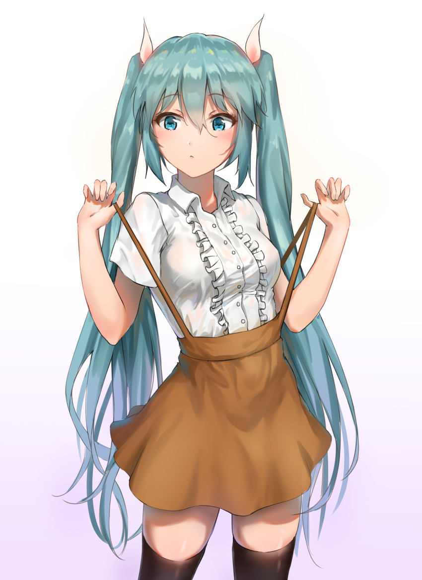 1girl, absurdres, alternate_costume, aqua_eyes, aqua_hair, black_thighhighs, brown_skirt, commentary