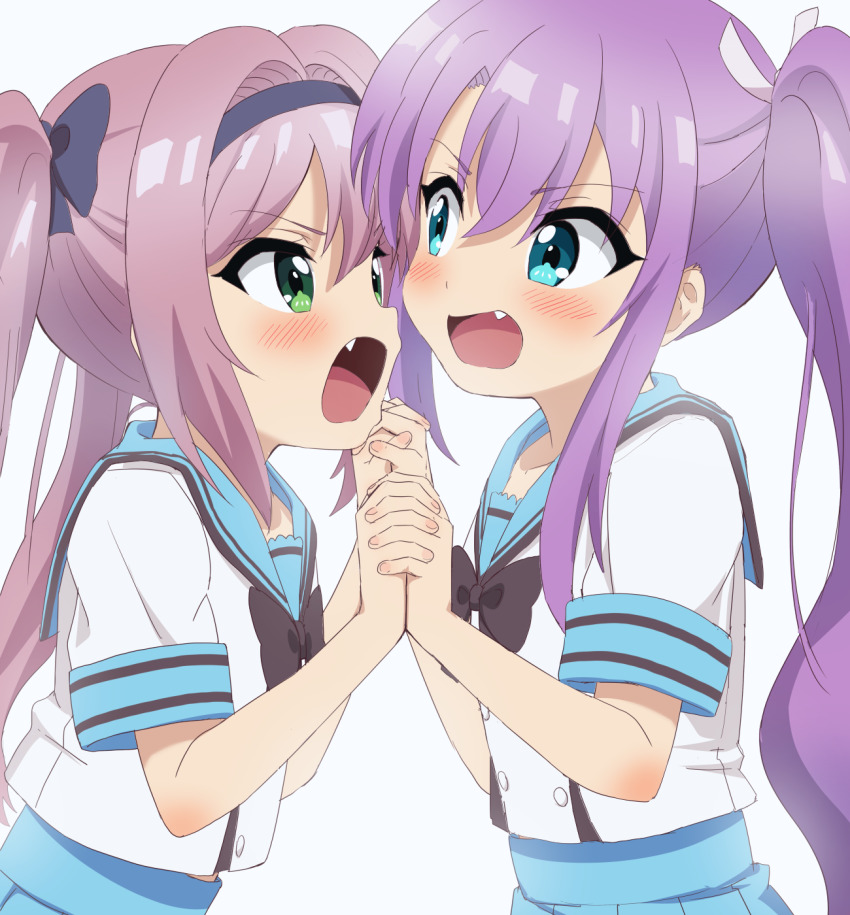 2girls, black_bow, blue_eyes, blue_sailor_collar, blue_skirt, blush, bow, catfight