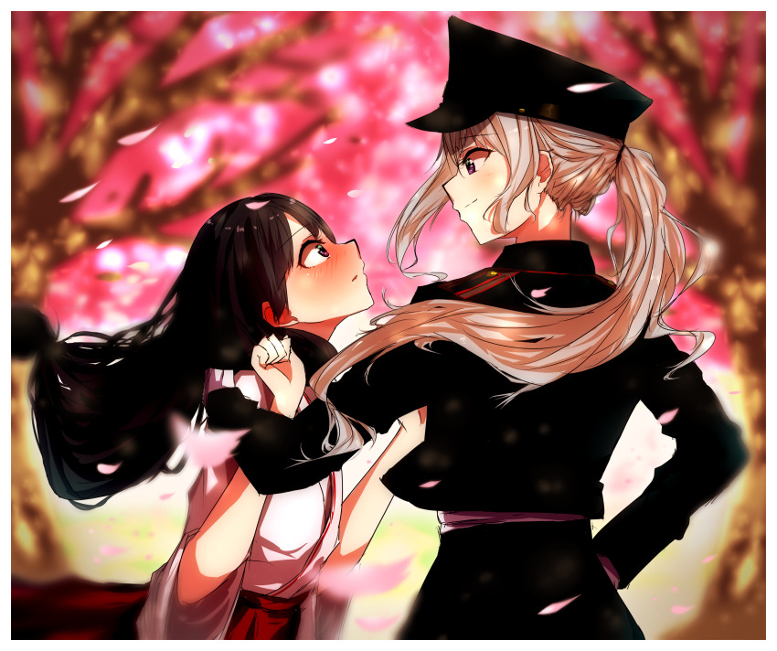 2girls, bad_id, bad_pixiv_id, black_hair, blush, cherry_blossoms, gloves, hand_on_another's_shoulder