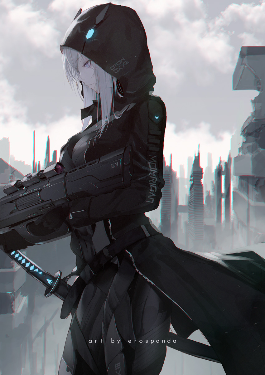 1girl, artist_name, black_jacket, black_theme, breasts, chromatic_aberration, city, commentary, cowboy_shot, cyberpunk, erospanda, female_focus, from_side, gun, highres, hood, hood_up, jacket, katana, kuro_(kuro), kuro_(manga), large_breasts, outdoors, scabbard, sheath, sheathed, sky, solo, standing, sword, weapon, white_eyes, white_hair, white_sky