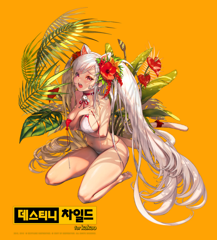 1girl, animal_ears, asymmetrical_bangs, barefoot, bell, bikini, blush, bow