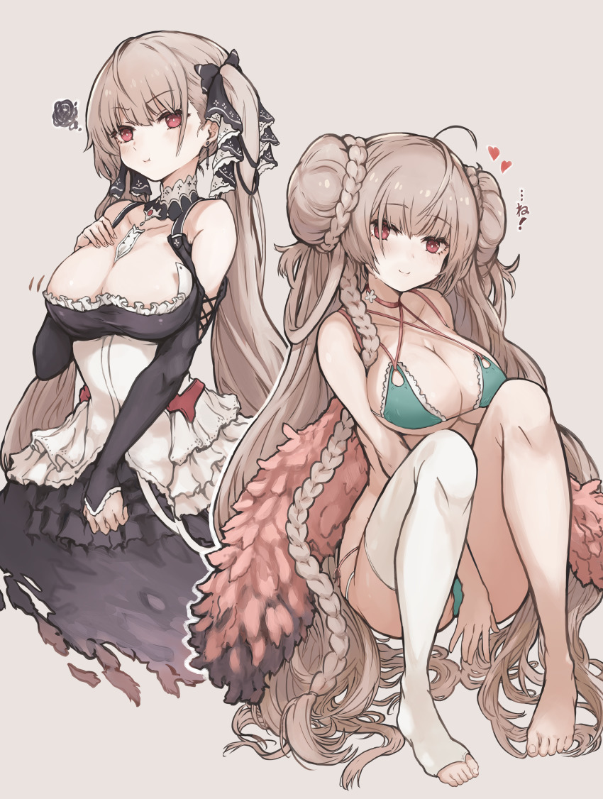 2girls, absurdres, ahoge, alternate_costume, azur_lane, bare_shoulders, between_breasts, bikini