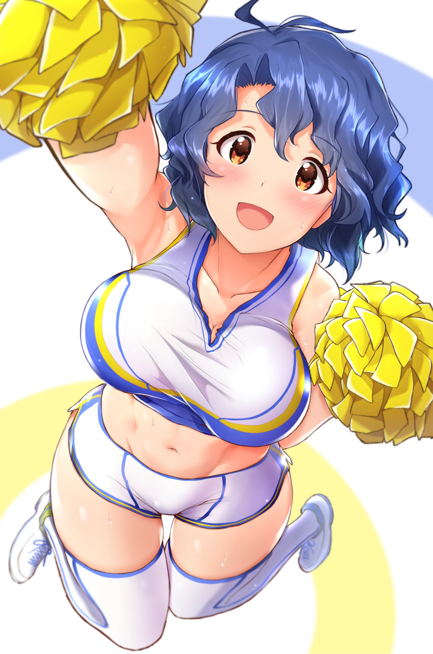 1girl, antenna_hair, armpits, blue_hair, blush, breasts, brown_eyes, cheerleader