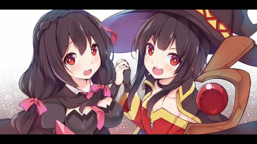 2girls, black_choker, black_hair, blush, bow, braid, breasts, cape