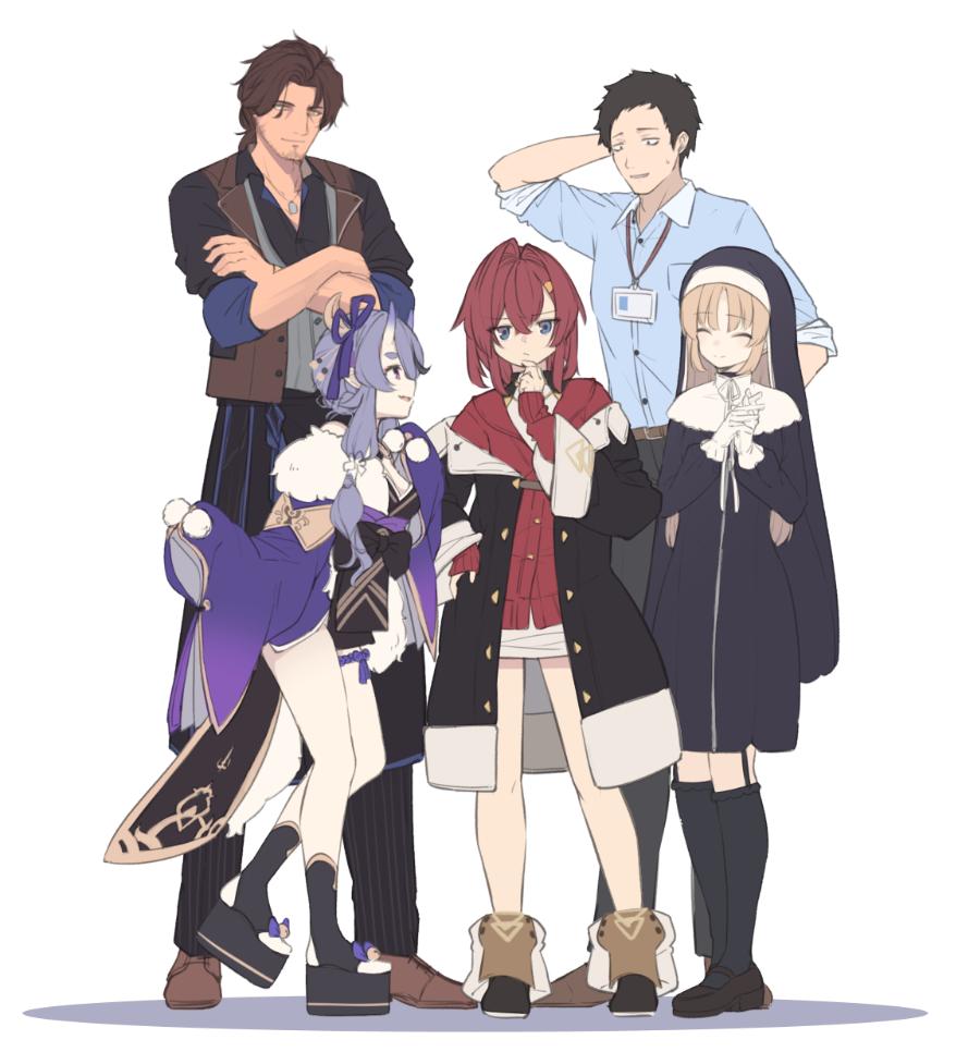 2boys, 3girls, ^_^, ange_katrina, ange_katrina_(1st_costume), arm_behind_head, arm_up, bell