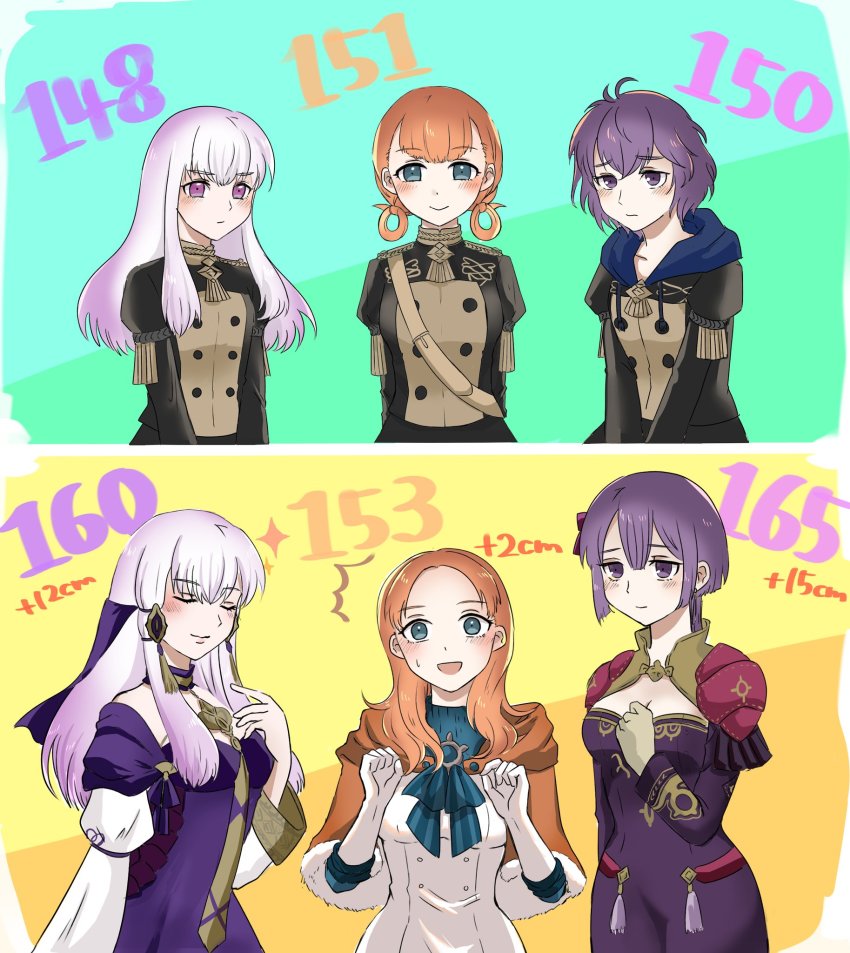 3girls, age_comparison, aged_up, annette_fantine_dominic, bernadetta_von_varley, breasts, cleavage, closed_eyes, closed_mouth, dress, epaulettes, fire_emblem, fire_emblem:_three_houses, garreg_mach_monastery_uniform, gloves, green_eyes, height_conscious, height_difference, highres, hood, hood_down, kura_(okura_eekura), long_hair, long_sleeves, lysithea_von_ordelia, multiple_girls, nintendo, open_mouth, orange_hair, pink_eyes, purple_hair, short_hair, short_sleeves, smile, twintails, upper_body, white_hair