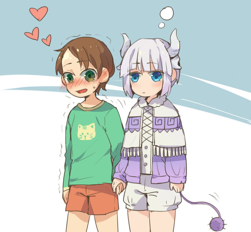 2boys, aqua_eyes, bubble, demorzel, dragon_boy, expressionless, genderswap, genderswap_(ftm), green_eyes, heart, highres, holding_hands, horns, kanna_kamui, kobayashi-san_chi_no_maidragon, male_focus, multiple_boys, saikawa_riko, short_shorts, shorts, sweatdrop, tail, trembling, yaoi