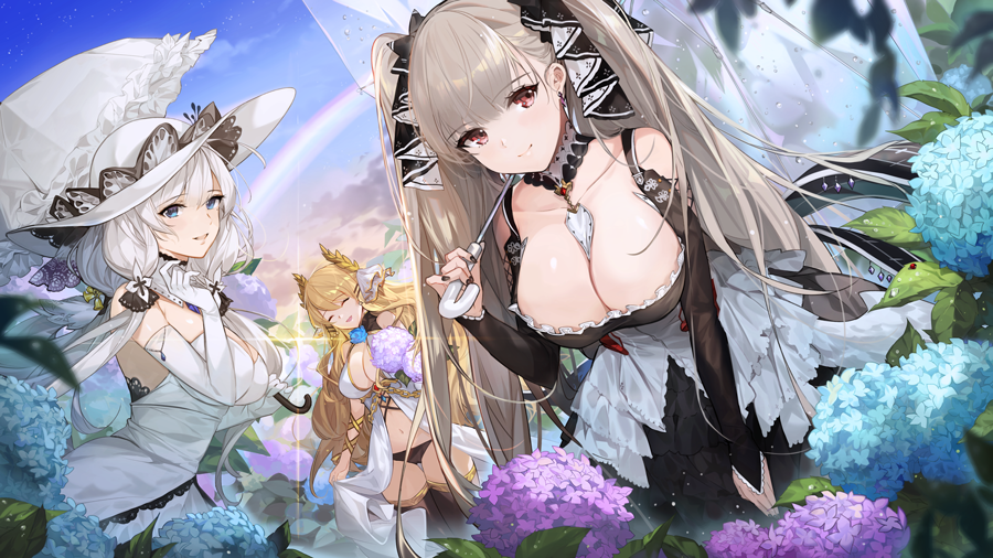 3girls, artist_name, azur_lane, bare_shoulders, between_breasts, black_dress, blonde_hair, blue_eyes
