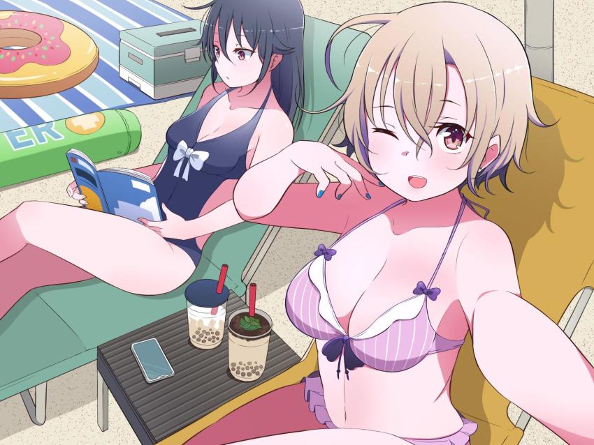 2girls, ;d, back_cutout, beach_chair, beach_towel, bikini, black_hair, blue_nails, bow, bowtie, breasts, brown_eyes, brown_hair, bubble_tea, cellphone, cleavage, clothing_cutout, cooler, cup, day, english_text, facebook, facebook-san_(tsukigi), hair_between_eyes, hair_flaps, halterneck, hand_on_own_face, highres, holding, holding_magazine, innertube, instagram, instagram-san_(tsukigi), large_breasts, long_hair, looking_at_viewer, magazine_(object), medium_breasts, multiple_girls, nail_polish, one-piece_swimsuit, one_eye_closed, open_mouth, outdoors, personification, phone, pink_bikini, reading, selfie, short_hair, sitting, smartphone, smile, swim_ring, swimsuit, towel, tsukigi, twitter-san_(tsukigi)
