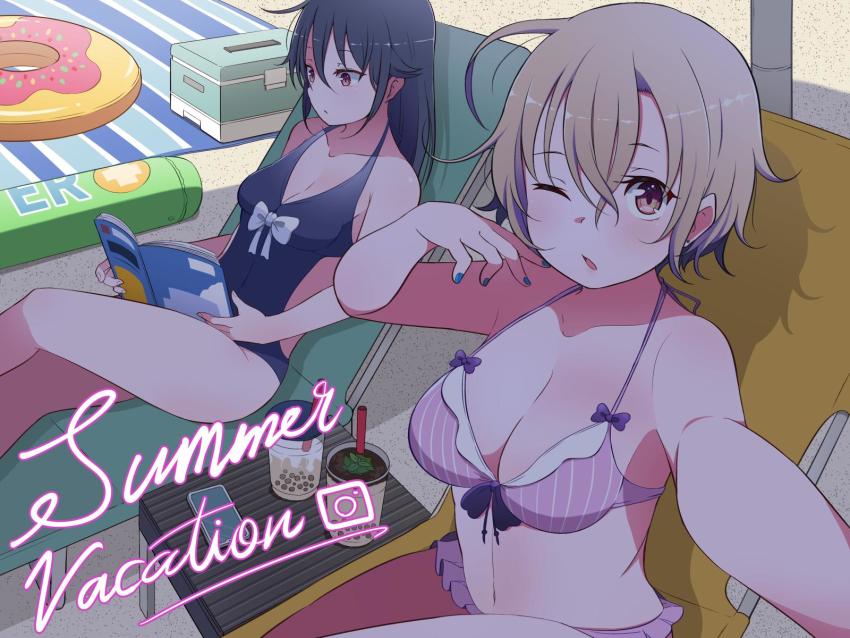 2girls, ;o, back_cutout, beach_chair, beach_towel, bikini, black_hair, blue_nails, bow, bowtie, breasts, brown_eyes, brown_hair, bubble_tea, cellphone, cleavage, clothing_cutout, cooler, cup, day, english_text, facebook, facebook-san_(tsukigi), hair_between_eyes, hair_flaps, halterneck, hand_on_own_face, highres, holding, holding_magazine, innertube, instagram, instagram-san_(tsukigi), large_breasts, long_hair, looking_at_viewer, magazine_(object), medium_breasts, multiple_girls, nail_polish, one-piece_swimsuit, one_eye_closed, outdoors, personification, phone, reading, selfie, shade, short_hair, sitting, smartphone, swim_ring, swimsuit, towel, tsukigi, twitter-san_(tsukigi)