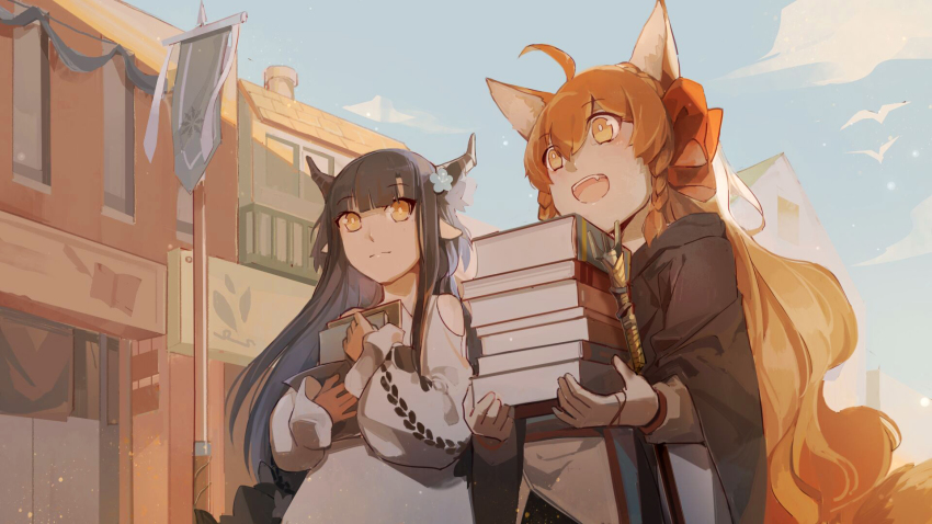 2girls, bad_id, bad_pixiv_id, bird, black_hair, black_horns, blue_sky, blunt_bangs