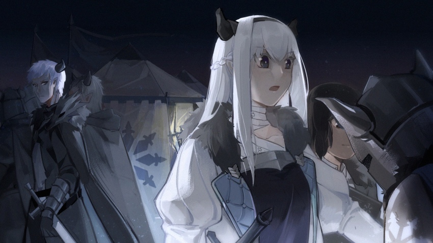 2girls, 5boys, :o, bad_id, bad_pixiv_id, black_cape, black_gloves, black_hair