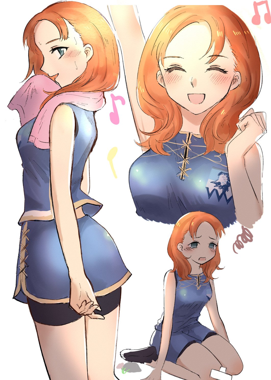 1girl, annette_fantine_dominic, annette_fantine_dominic_(timeskip), arm_up, bandaid, bike_shorts, blue_eyes, fire_emblem, fire_emblem:_three_houses, happy, highres, kura_(okura_eekura), musical_note, nintendo, orange_hair, scraped_knee, shirt, sitting, sleeveless, sleeveless_shirt, sportswear, sweat, tears, towel, towel_around_neck, wariza
