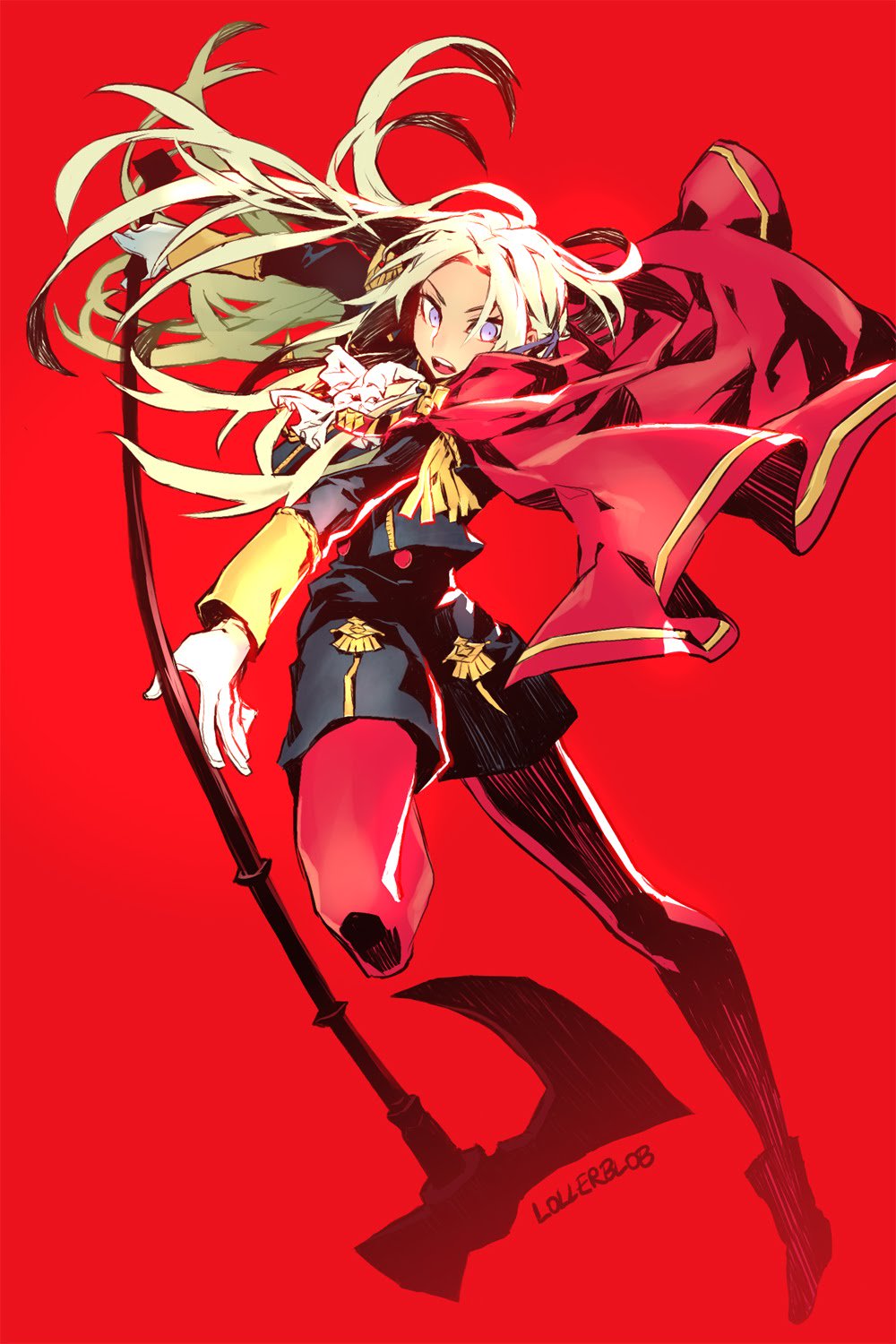 1girl, anna_(trustfundcritics), ascot, axe, cape, edelgard_von_hresvelg, female_focus, fire_emblem, fire_emblem:_three_houses, garreg_mach_monastery_uniform, gloves, hair_ornament, hair_ribbon, highres, long_hair, looking_at_viewer, nintendo, pantyhose, purple_eyes, red_background, red_cape, red_pantyhose, ribbon, simple_background, smile, solo, white_background, white_hair