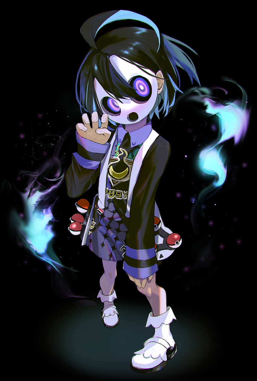 1boy, ahoge, allister_(pokemon), black_background, black_hair, black_shirt, claw_pose, full_body