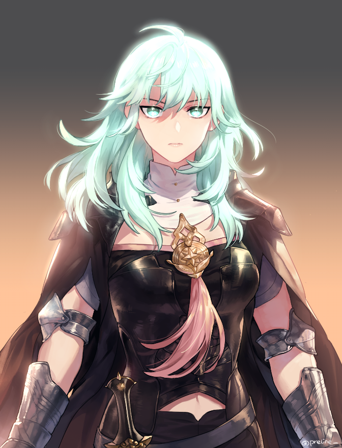 1girl, arm_guards, armor, breasts, female_byleth_(awakened)_(fire_emblem), female_byleth_(fire_emblem), cape, closed_mouth, clothing_cutout, fire_emblem, fire_emblem:_three_houses, garreg_mach_monastery_uniform, gauntlets, glowing, glowing_hair, green_eyes, green_hair, hair_between_eyes, large_breasts, long_hair, looking_at_viewer, navel, navel_cutout, nintendo, preline, shorts