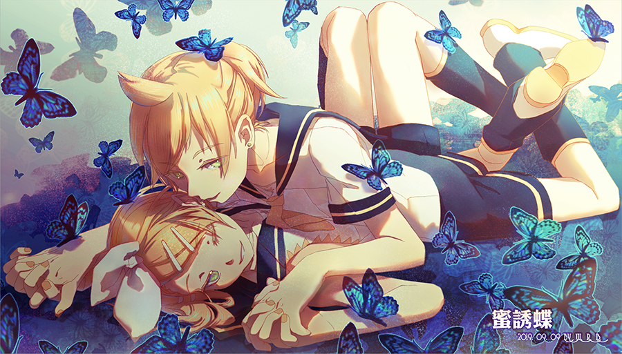 1boy, 1girl, bare_shoulders, black_collar, black_shorts, blonde_hair, blue_butterfly, bow