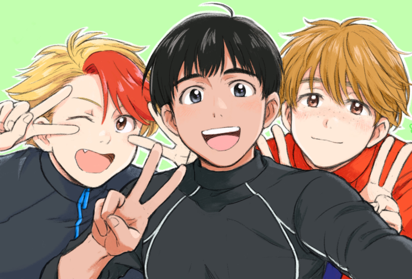 3boys, :d, ;d, black_hair, blonde_hair, brown_eyes, brown_hair, double_v