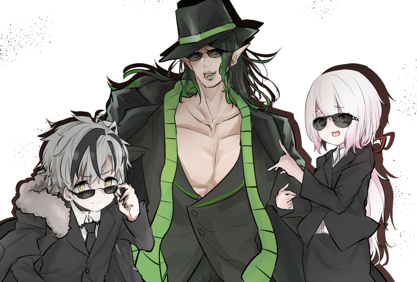 1girl, 2boys, black_hair, black_headwear, black_jacket, black_neckwear, formal_clothes, green_hair
