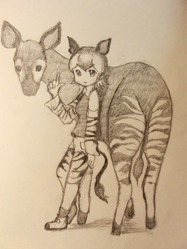 1girl, animal, animal_ears, animal_print, kemono_friends, looking_back, monochrome, okapi_(animal)