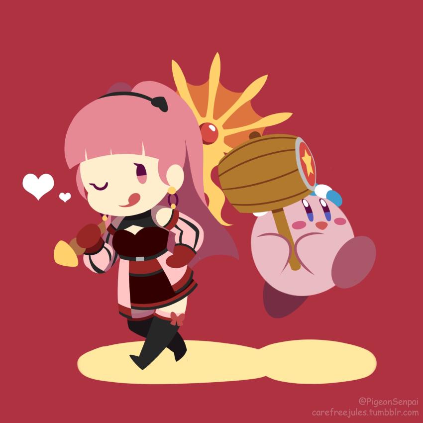 1girl, 1other, ;p, axe, bare_shoulders, blush_stickers, boots, breasts, chibi, cleavage, crossover, earrings, fire_emblem, fire_emblem:_three_houses, freikugal_(weapon), freikugel_(fire_emblem), hachimaki, hair_ornament, hairband, hammer, hammer_kirby, hand_on_own_hip, headband, heart, heroes_relic_(fire_emblem), highres, hilda_valentine_goneril, hilda_valentine_goneril_(timeskip), holding, holding_axe, holding_hammer, holding_weapon, jewelry, kirby, kirby_(series), long_hair, looking_at_viewer, matching_hair/eyes, minimalism, nejiri_hachimaki, nintendo, one_eye_closed, over_shoulder, pigeonsenpai, pink_eyes, pink_hair, red_background, shadow, simple_background, thighhighs, tongue, tongue_out, tumblr_username, twintails, twitter_username, walking, watermark, weapon, weapon_over_shoulder, web_address, zettai_ryouiki