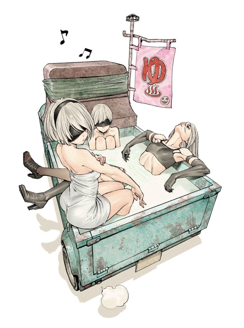 1boy, 2b_(nier:automata), 2girls, 9s_(nier:automata), a2_(nier:automata), bathing, blindfold, elbow_gloves, emil_(nier), gloves, grey_hair, hairband, highres, komi_shin'ya, leaning_back, long_hair, mixed-sex_bathing, mole, motor_vehicle, multiple_girls, naked_towel, nier:automata, nier_(series), onsen, onsen_symbol, pickup_truck, shared_bathing, short_hair, sitting, towel, truck, white_background
