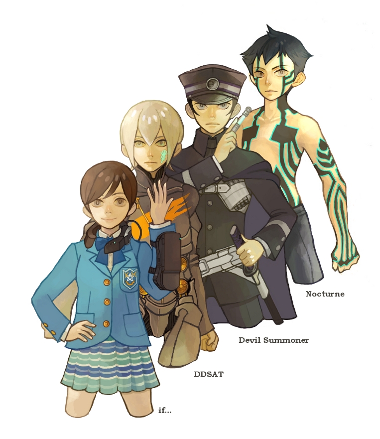 1girl, 3boys, atlus, bad_id, bad_pixiv_id, black_hair, blazer, bodysuit