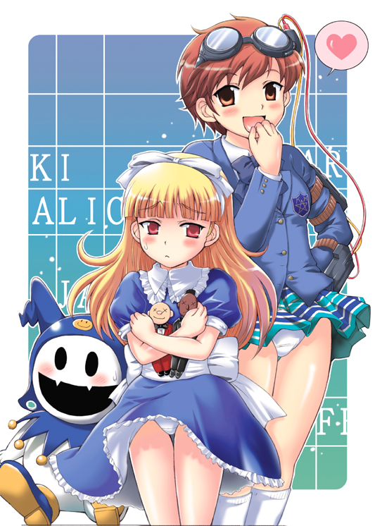 2girls, accidental_exposure, alice_(megami_tensei), atlus, blazer, blonde_hair, blunt_bangs, blush