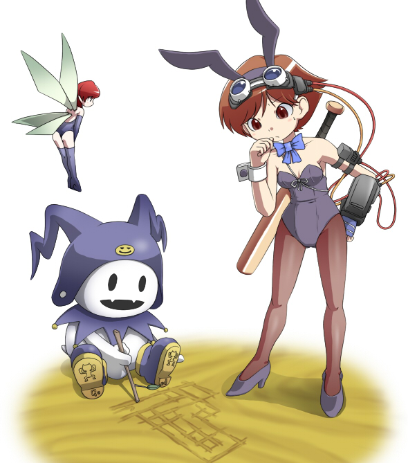 2girls, animal_ears, atlus, baseball_bat, brown_eyes, brown_hair, cable, fake_animal_ears, goggles, head-mounted_display, jack_frost_(megami_tensei), multiple_girls, nollety, pantyhose, persona, pixie_(megami_tensei), playboy_bunny, rabbit_ears, sand, shin_megami_tensei, shin_megami_tensei:_if..., short_hair, tamaki_uchida, uchida_tamaki, wings, wire