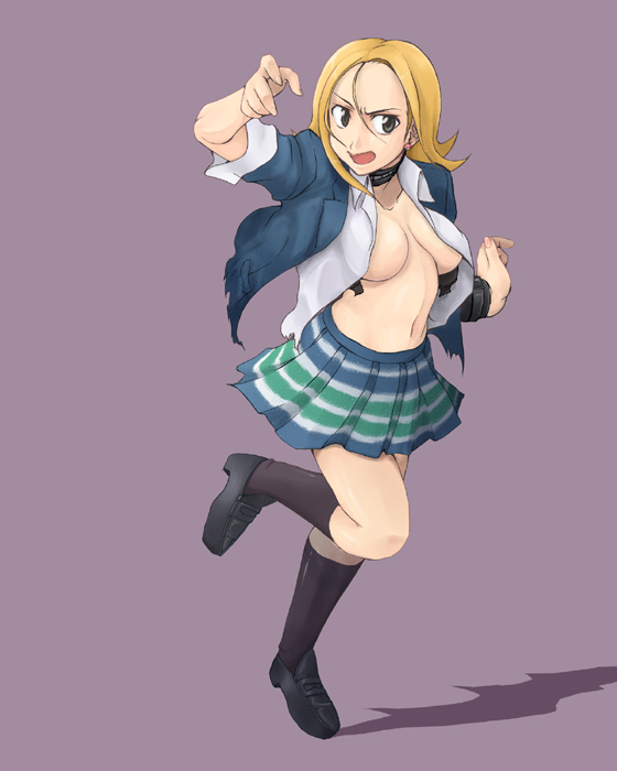 1girl, ahoge, atlus, bad_id, bad_pixiv_id, black_socks, blazer, blonde_hair