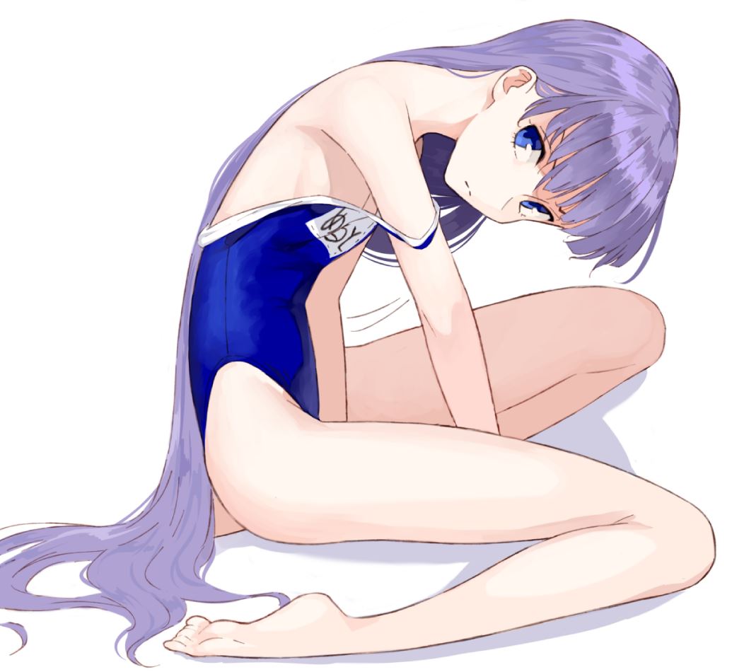 1girl, bare_shoulders, barefoot, blue_eyes, blue_one-piece_swimsuit, cicari, clothes_pull, expressionless