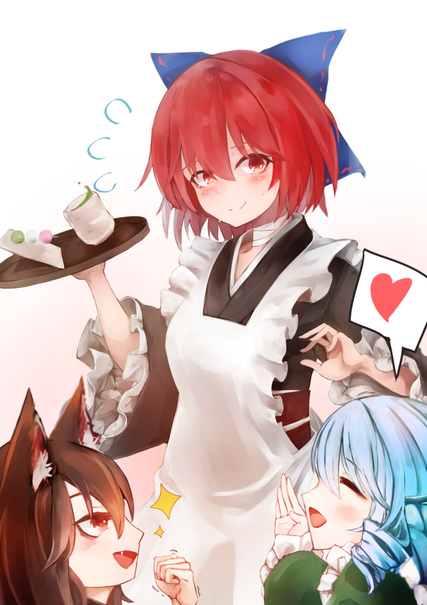 3girls, absurdres, animal_ears, apron, bandaged_neck, bandages, blue_hair, blush