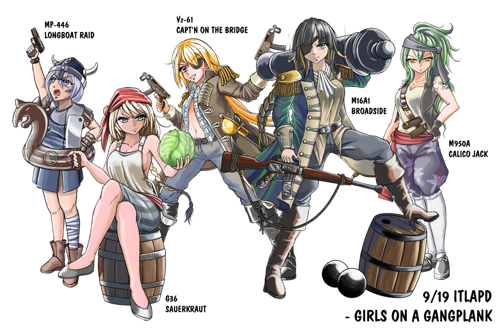 5girls, assault_rifle, bandana, butcher_knife, cabbage, cabbit, cannonball, character_name, double-stack_magazine, english_text, eyepatch, folded_stock, g36_(girls'_frontline), girls'_frontline, gun, helical_magazine, high-capacity_magazine, international_talk_like_a_pirate_day, m16, m16a1, m16a1_(girls'_frontline), m950a_(girls'_frontline), machine_pistol, mp-446_(girls'_frontline), mp-443_grach, multiple_girls, personal_defense_weapon, pirate_costume, pistol_stabilizing_brace, rifle, skorpion_(girls'_frontline), skorpion_vz._61, stock_(firearm), submachine_gun, viking, weapon, wtfman