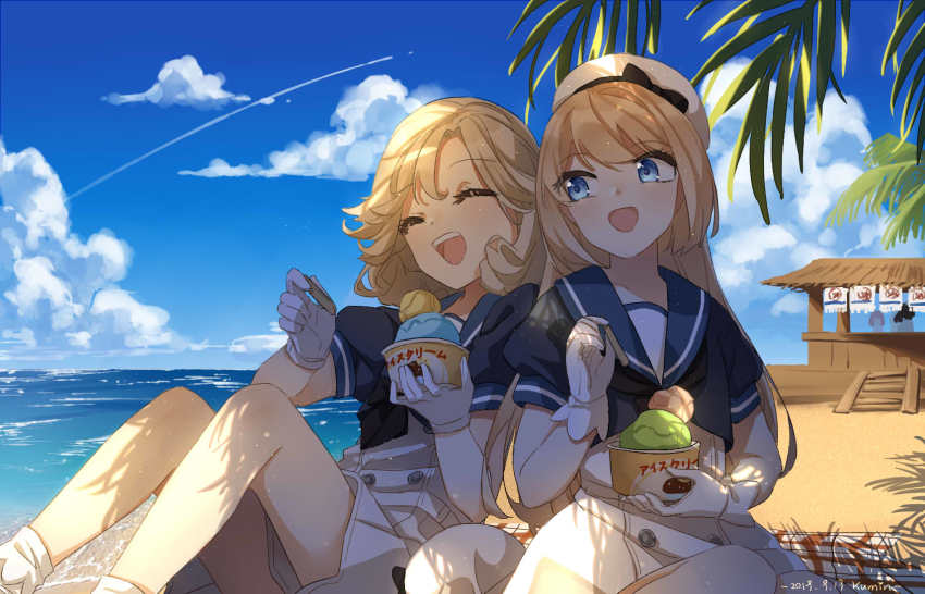 2girls, artist_name, beach, blonde_hair, blue_eyes, blue_sailor_collar, blue_sky, cloud