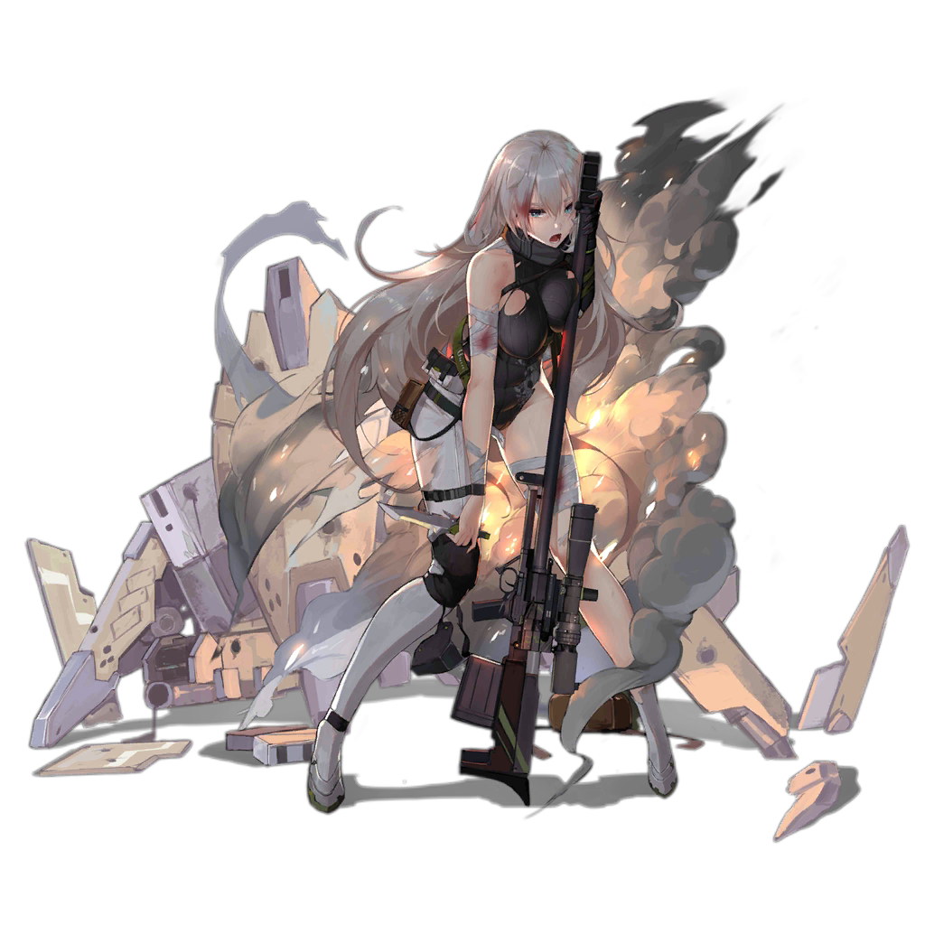 1girl, animal_ears, ankle_strap, anti-materiel_rifle, arm_under_breasts, asymmetrical_clothes, asymmetrical_pants, bag, bandaged_arm, bandaged_leg, bandages, bipod, blonde_hair, blood, blood_in_hair, blue_eyes, blush, bolt-action_rifle, bolt_action, braid, breasts, buckle, bullpup, cloak, clothing_cutout, combat_knife, covered_navel, damaged, elbow_gloves, explosion, female_focus, fire, floating_hair, full_body, fur-trimmed_cloak, fur_trim, girls'_frontline, glasses, gloves, green-framed_eyewear, grey_cloak, grey_gloves, grey_leotard, gun, headset, hip_vent, holding, holding_gun, holding_knife, holding_weapon, injury, jacket, knee_pads, knife, ksvk_(girls'_frontline), ksvk_12.7, large_breasts, leaning_forward, leotard, long_hair, looking_at_viewer, manticore_(girls'_frontline), mechanical_arms, multiple_straps, muzzle_device, official_art, open_mouth, pandea_work, pants, pouch, ribbed_leotard, rifle, scarf, shoes, sidelocks, single_mechanical_arm, skindentation, smoke, smoke_grenade, snap-fit_buckle, sniper_rifle, solo, thick_eyebrows, thigh_strap, torn_clothes, transparent_background, trigger_discipline, very_long_hair, weapon, white_pants, wind