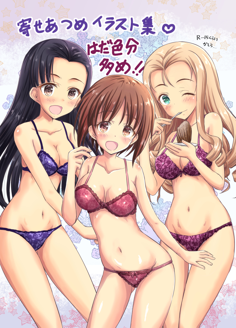 3girls, :d, ;), asymmetrical_bangs, black_hair, blonde_hair, blush, bow