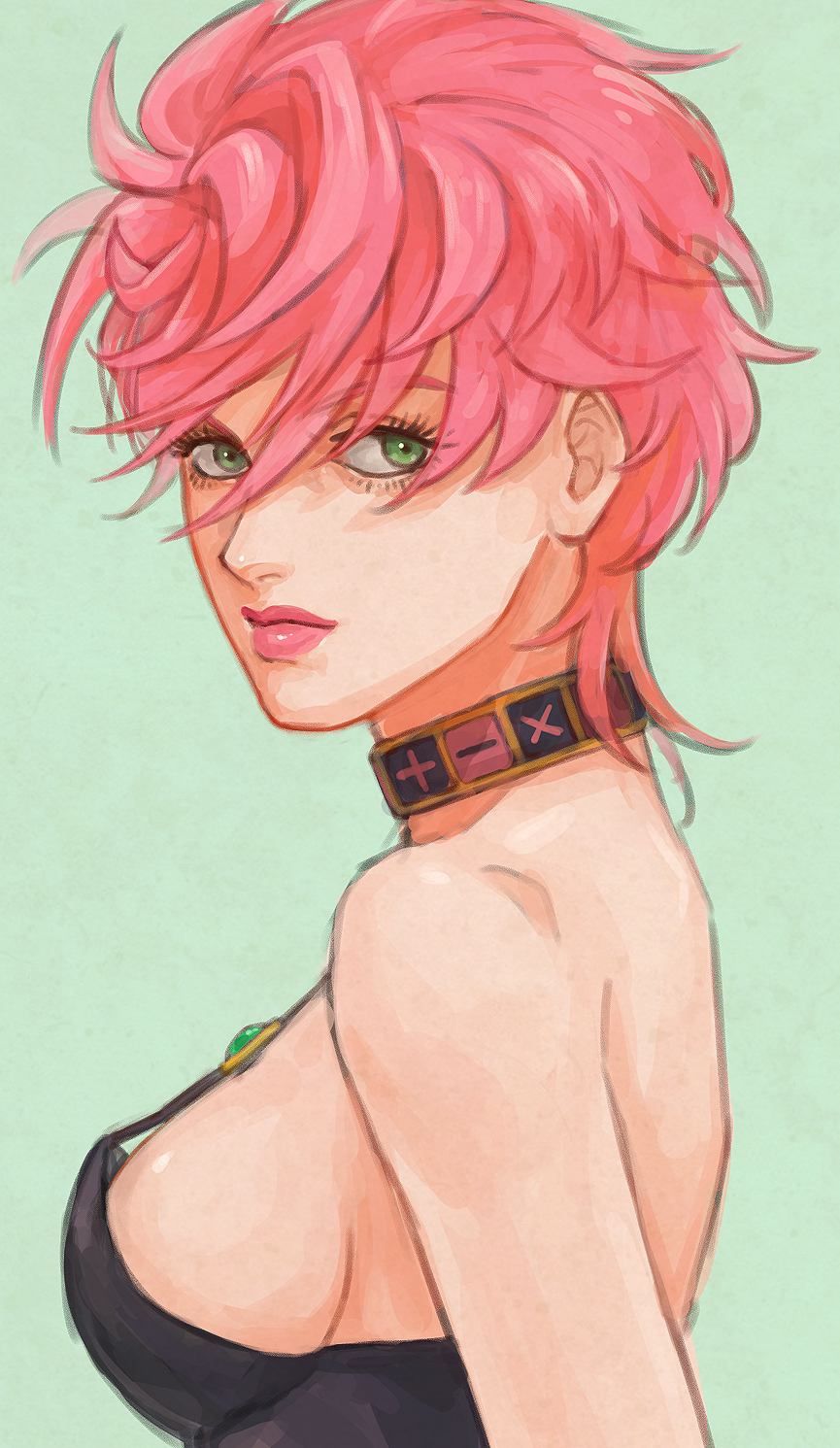 1girl, breasts, choker, commentary_request, female_focus, from_side, green_background, green_eyes, highres, jinnseigame, jojo_no_kimyou_na_bouken, looking_back, medium_breasts, pink_hair, short_hair, simple_background, solo, trish_una, upper_body, vento_aureo